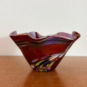 Decorative Cranberry Red Stained Glass Bowl with Scalloped Rim